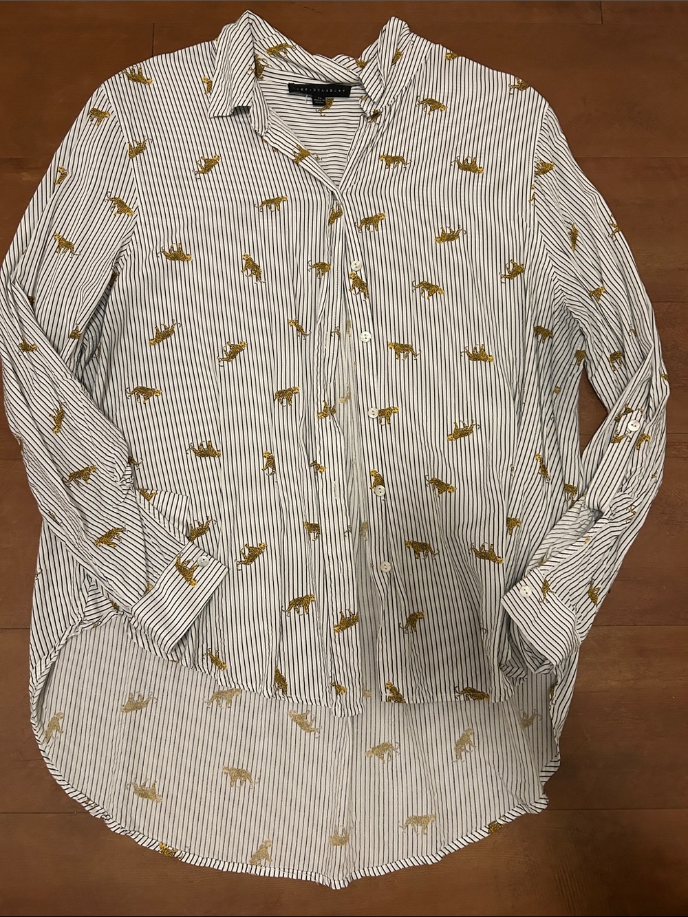 Jane and Delancey White Striped Button-Down with Gold Jaguar/Leopard